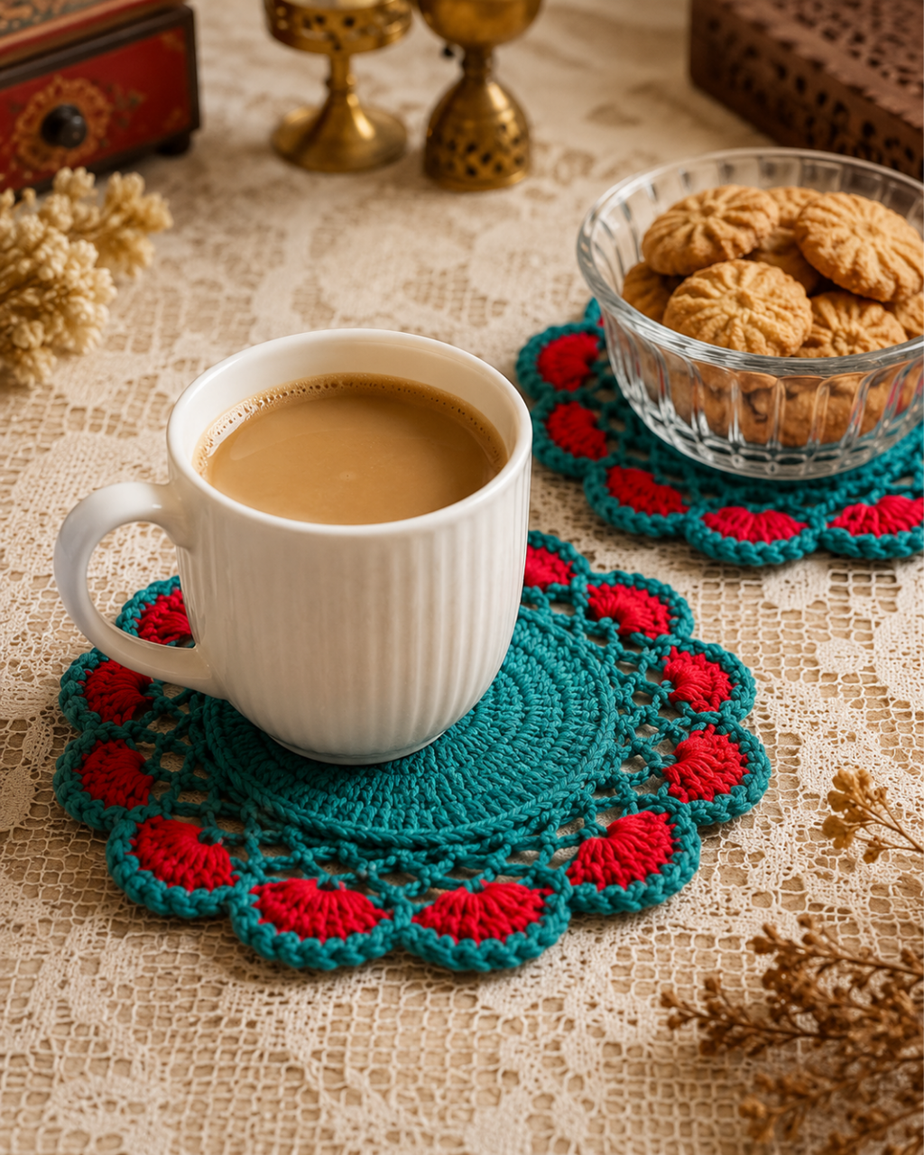 Crochet Trivets 8 inch Red and Blue