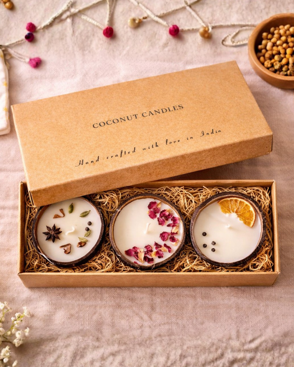 Thenga Eco-Friendly Scented Candles Gift Set - Box of 3 Candles | Spice, Rose & Orange Pepper Soy Wax Candles
