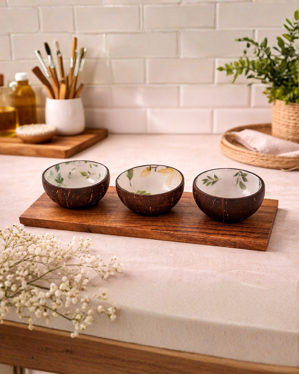 Thenga Mini Enamel Coated Bowl Set with Wooden Tray | Handcrafted