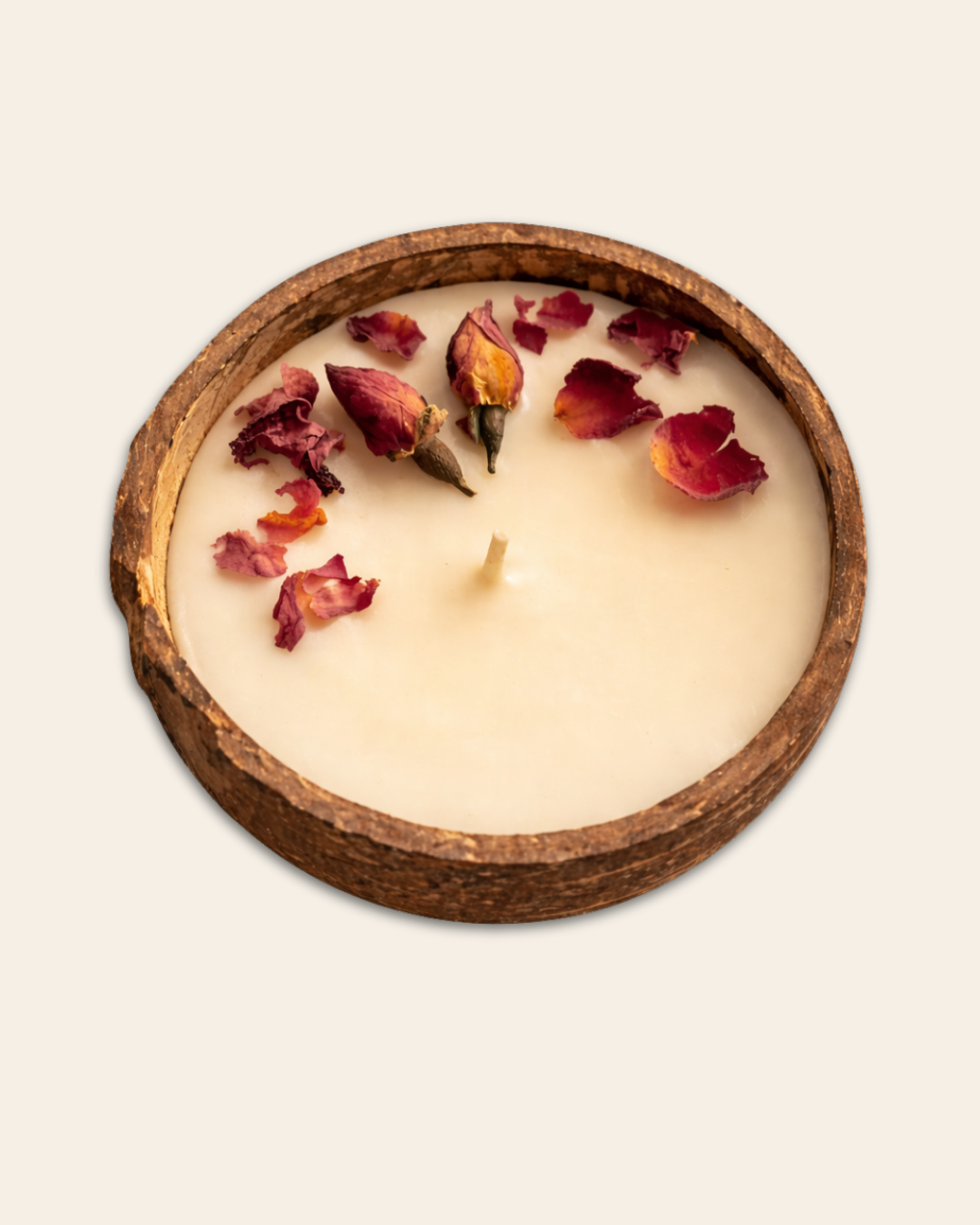 Thenga Coconut Shell Candle/Diya | Eco-Friendly Scented Soy Wax - Rose Candle