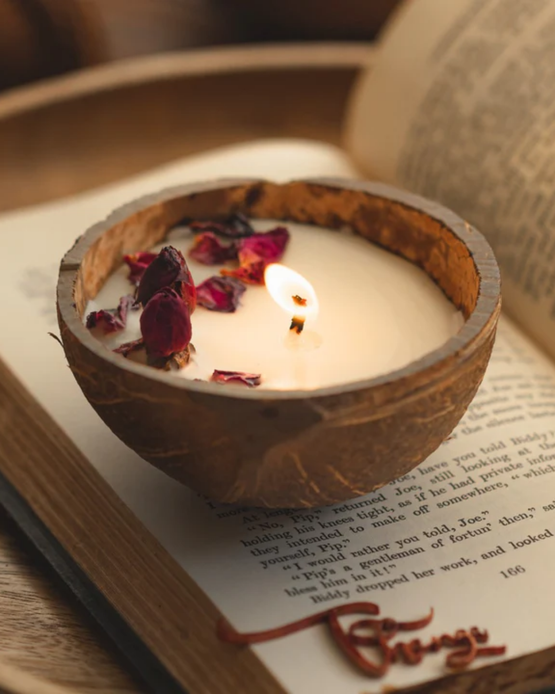 Thenga Coconut Shell Candle/Diya | Eco-Friendly Scented Soy Wax - Rose Candle